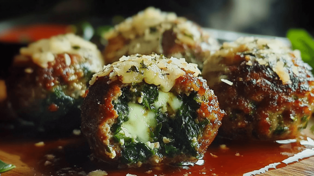 Spinach Garlic Meatballs Stuffed with Mozzarella