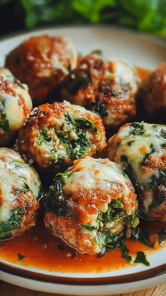 Spinach Garlic Meatballs Stuffed with Mozzarella