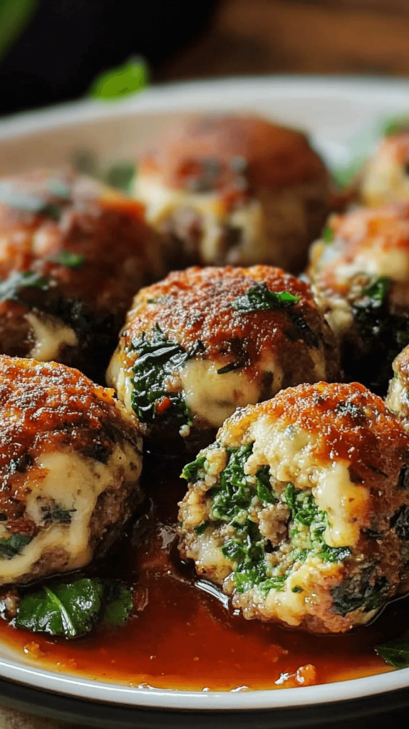 Spinach Garlic Meatballs Stuffed with Mozzarella recipe