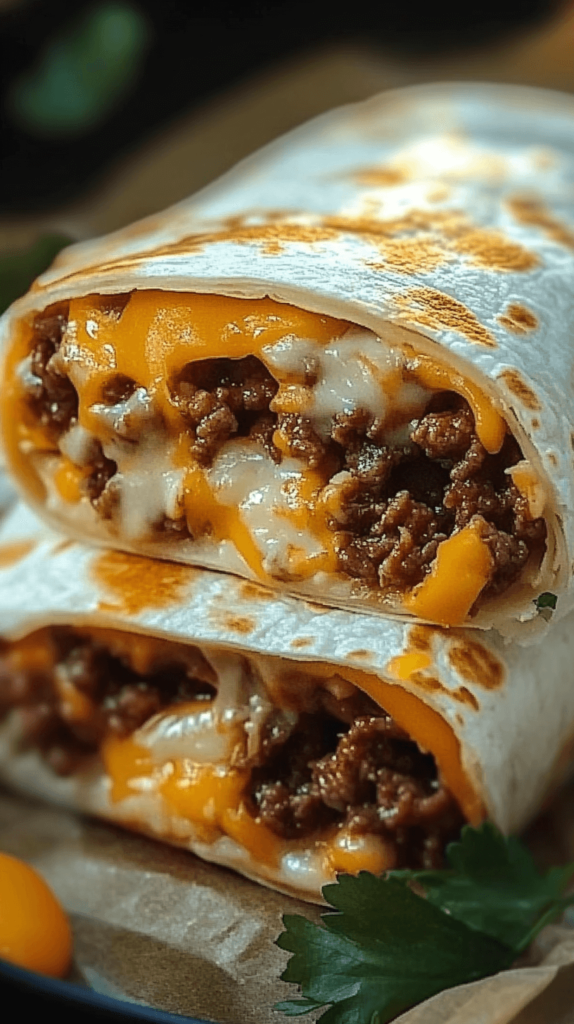 healthy Cheesy Beefy Burritos served with fresh toppings