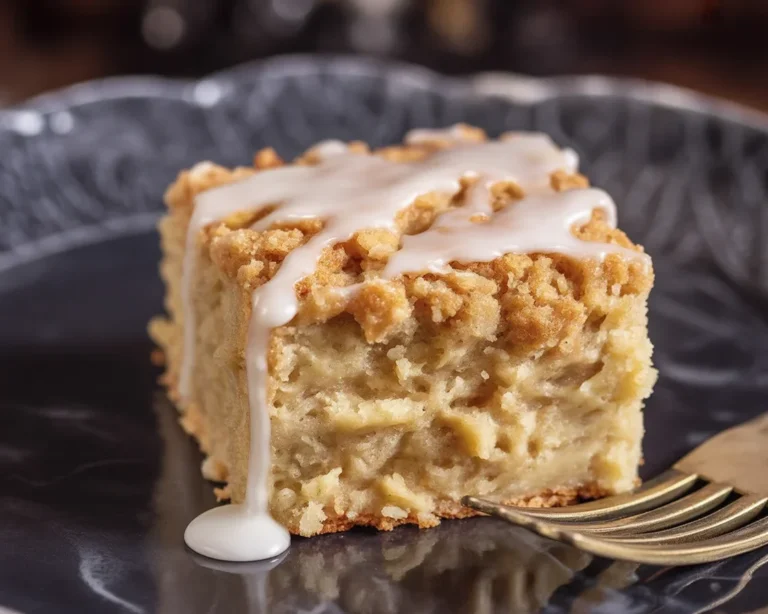 Moist banana bread crumb cake with a buttery streusel topping, served as a dessert.