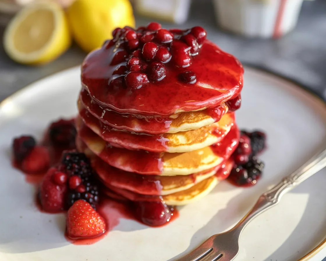Delicious blueberry and raspberry pancake topping served over fluffy pancakes.