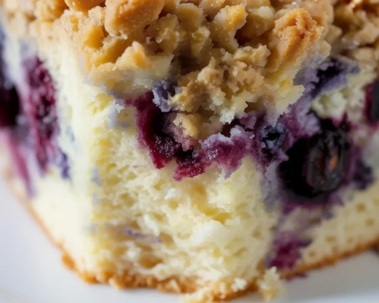 Delicious Blueberry Buckle coffee cake with fresh blueberries and crumbly topping.