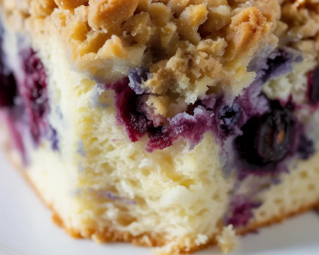 Delicious Blueberry Buckle coffee cake with fresh blueberries and crumbly topping.