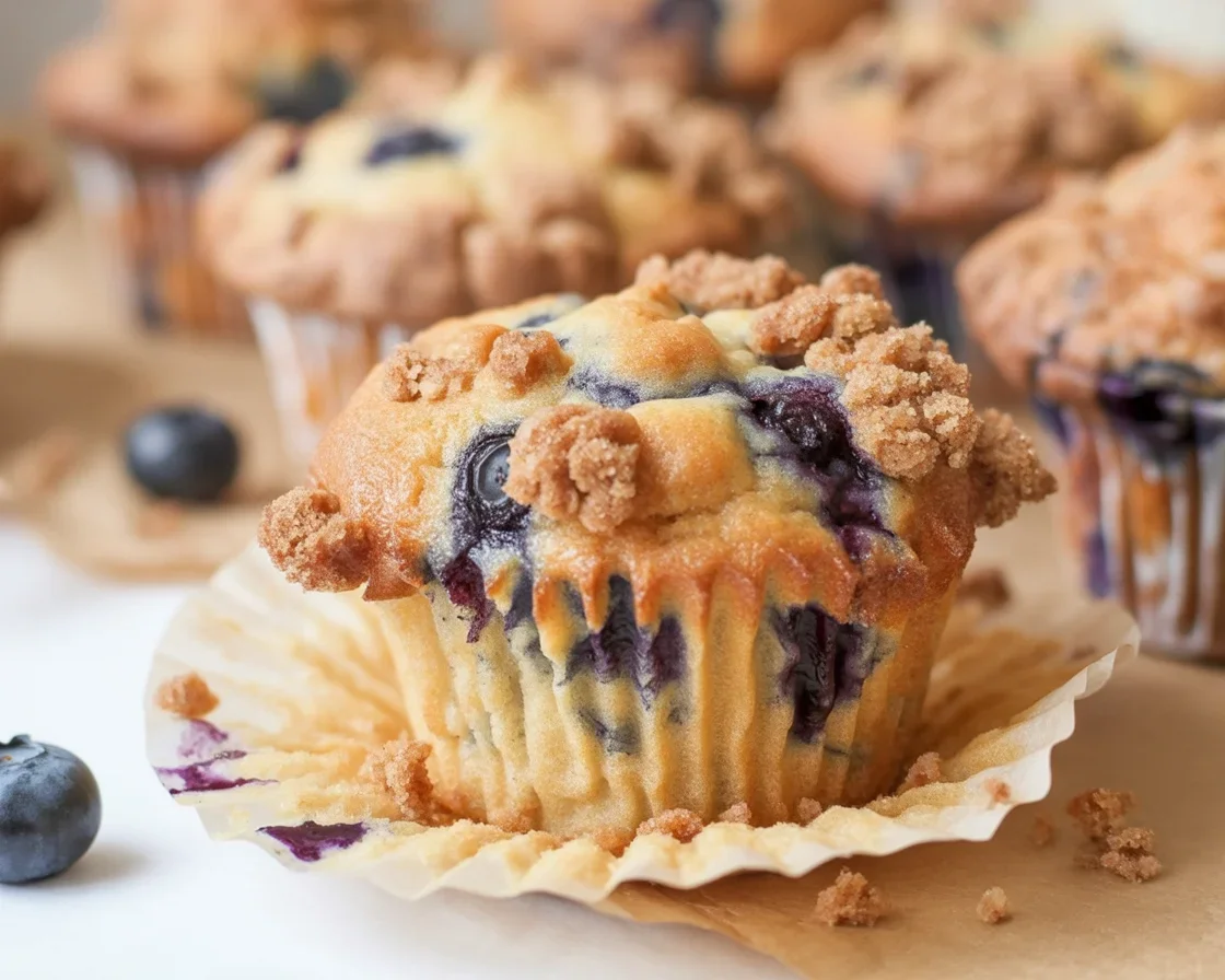 Delicious blueberry coffee cake muffins topped with crumbly cinnamon streusel.