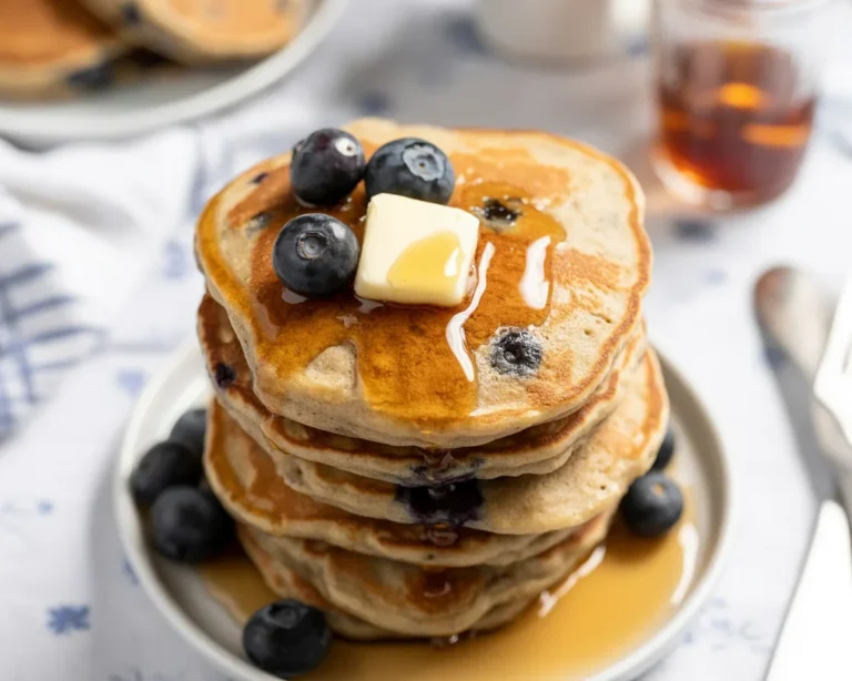 Delicious and healthy Blueberry Flax Pancakes served with fresh blueberries.