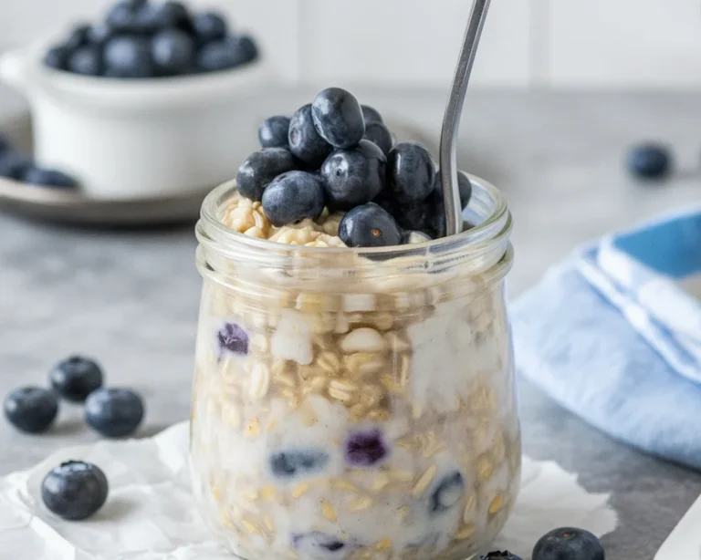 Delicious Blueberry Overnight Oats topped with fresh blueberries and chia seeds.