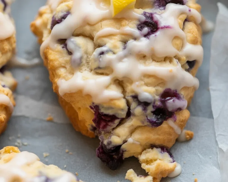 Delicious Blueberry Scones with a sweet lemon glaze topping, perfect for breakfast.