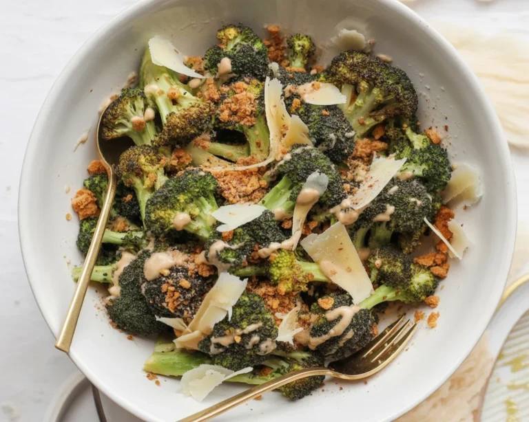 Delicious Broccoli Caesar Salad with Greek yogurt dressing and crispy toppings