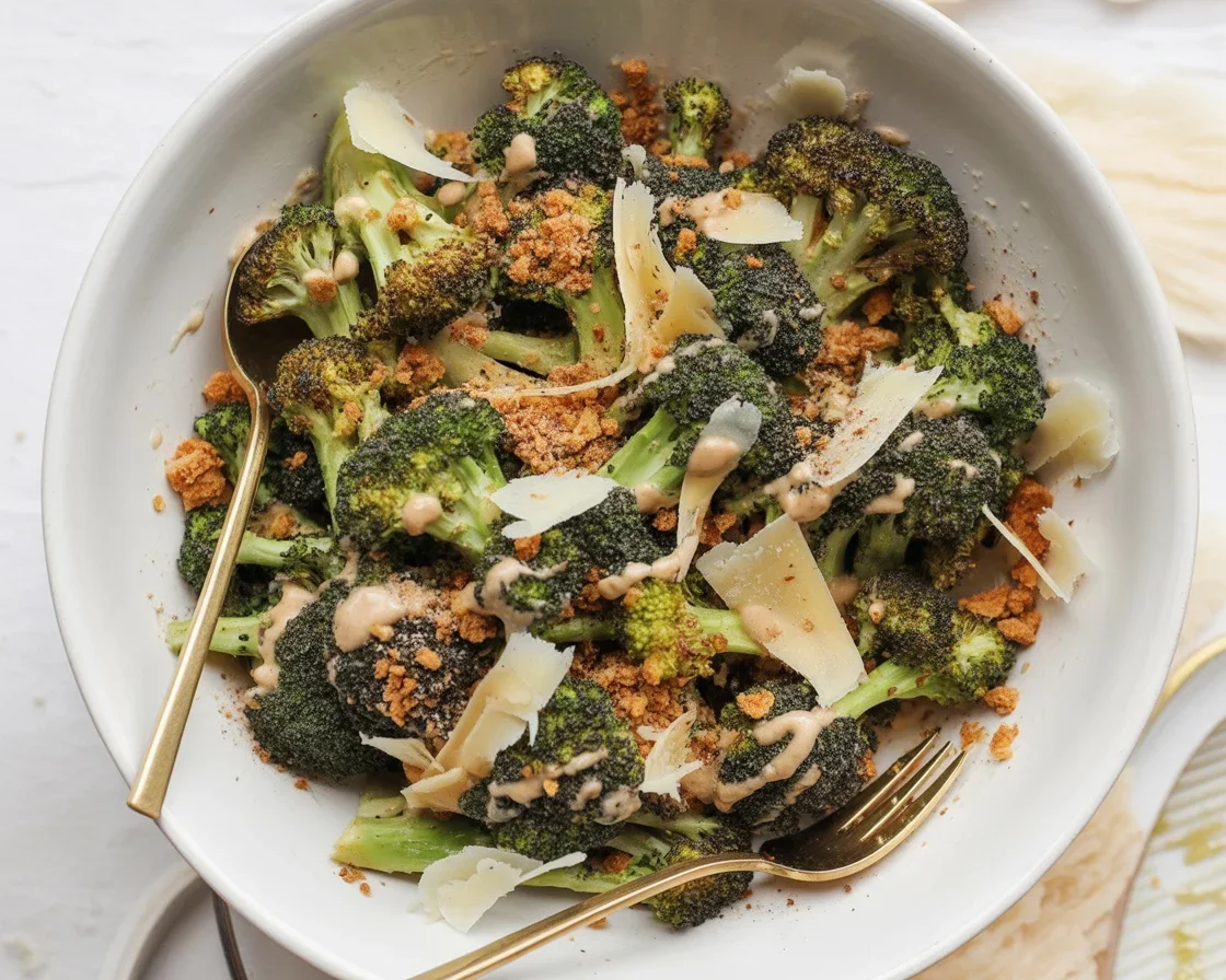 Delicious Broccoli Caesar Salad with Greek yogurt dressing and crispy toppings