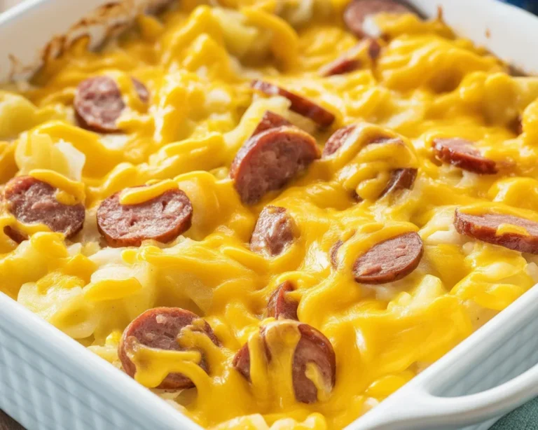 Cheesy Ranch Potatoes and Smoked Sausage dish, creamy, savory comfort food.