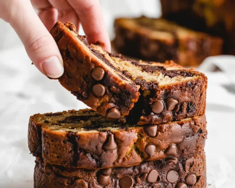 Slice of moist Chocolate Chip Banana Bread with chocolate chips and ripe bananas.