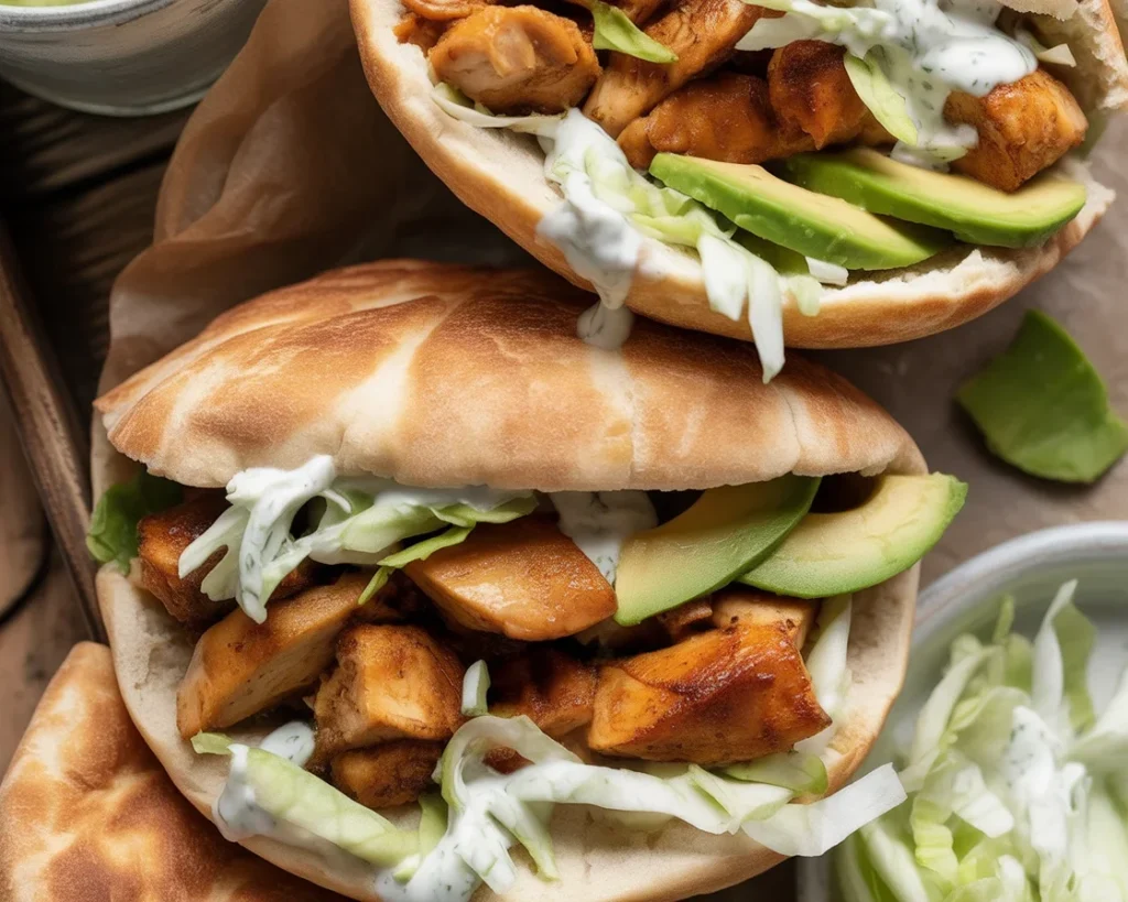 Oven-baked Easy Sheet Pan Chicken Pitas with Fresh Herb Ranch Slaw and avocado.