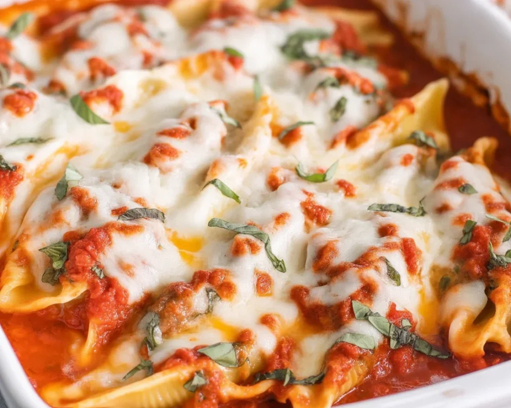 Delicious Easy Stuffed Shells filled with ricotta and baked in marinara sauce.