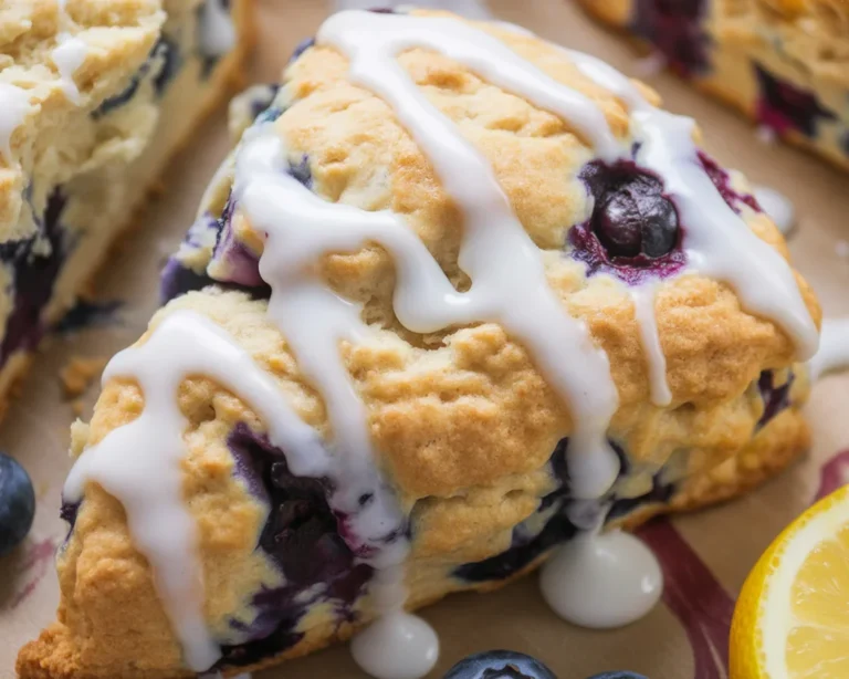 Delicious Greek Yogurt Blueberry Scones drizzled with lemon glaze on a plate.