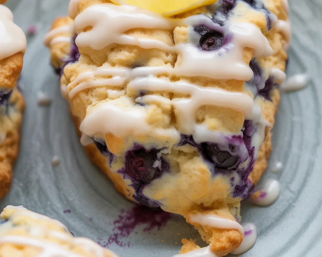 Delicious Lemon-Blueberry Scones topped with a sweet blueberry glaze.