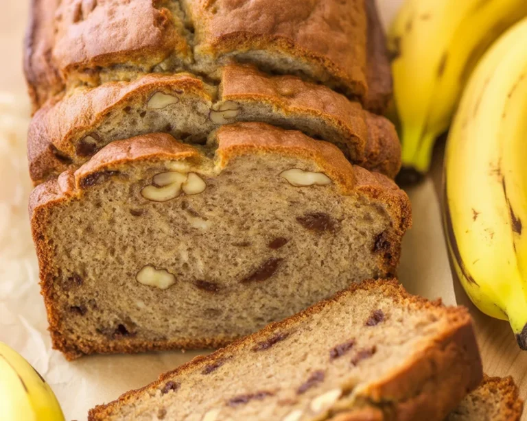 Moist banana bread with golden edges and a tender, fluffy texture.