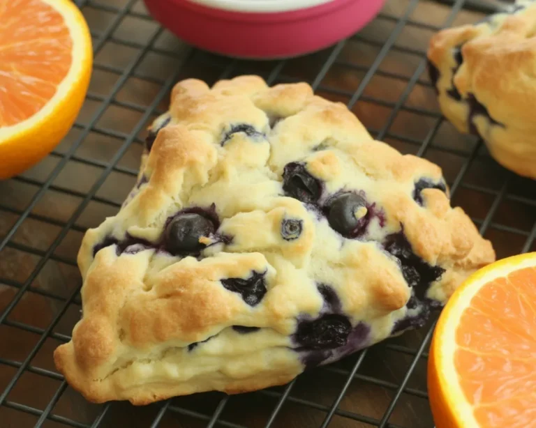 Freshly baked Orange Glazed Blueberry Scones topped with orange glaze on a white plate.