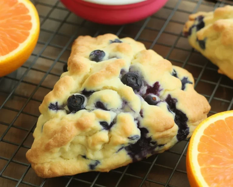 Freshly baked Orange Glazed Blueberry Scones with a sweet orange glaze on top.