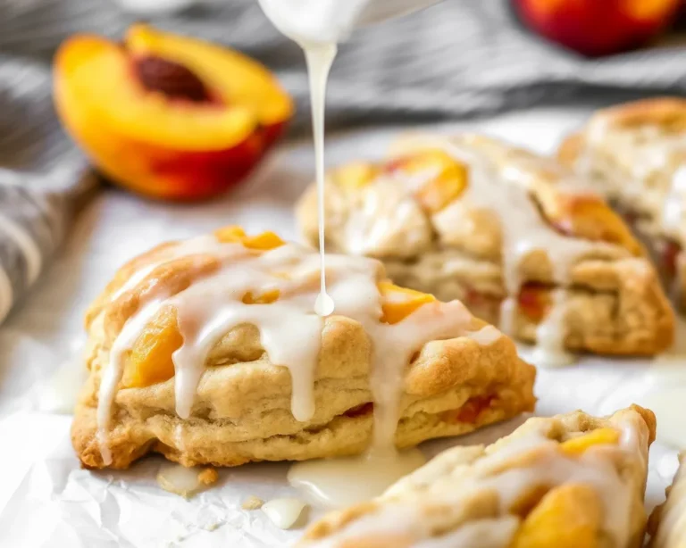 Delicious homemade Peach Scones with fresh peaches and honey vanilla glaze