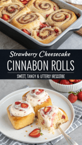 Golden-brown homemade strawberry cheesecake cinnabon rolls, glistening with a sweet strawberry glaze, arranged on a rustic wooden board.