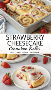 Golden-brown homemade strawberry cheesecake cinnabon rolls, glistening with a sweet strawberry glaze, arranged on a rustic wooden board.