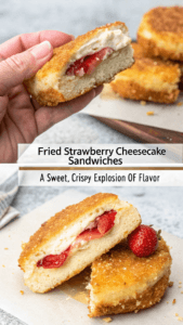 Golden-brown fried strawberry cheesecake sandwiches, cut in half, revealing a creamy, pink strawberry cheesecake filling.