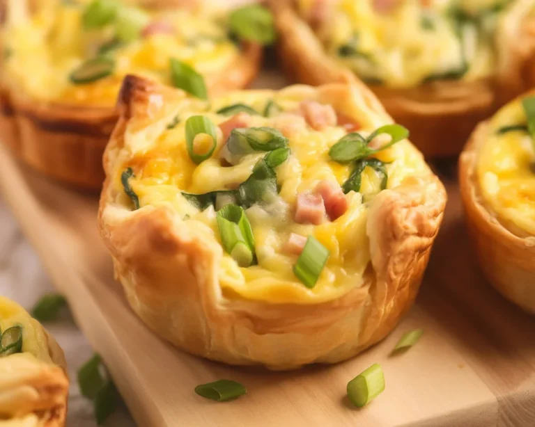 Delicious Puff Pastry Mini Quiches with ham, cheese, and spinach in muffin tins.