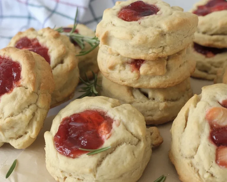 Delicious strawberry and rosemary scones with a vanilla glaze on a rustic table.