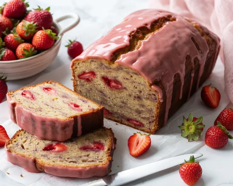 Moist and flavorful Strawberry Banana Bread with fresh strawberries and ripe bananas.