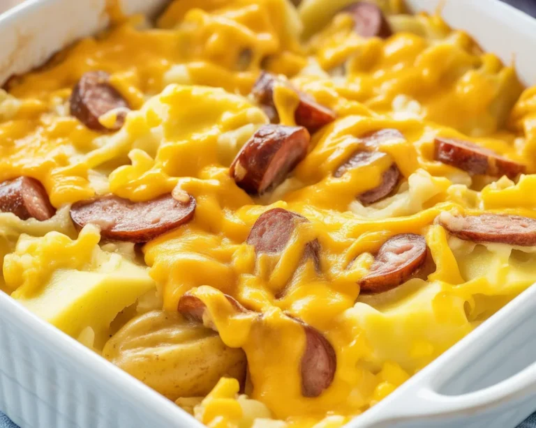 Delicious Cheesy Ranch Potatoes and Smoked Sausage served in a baking dish.