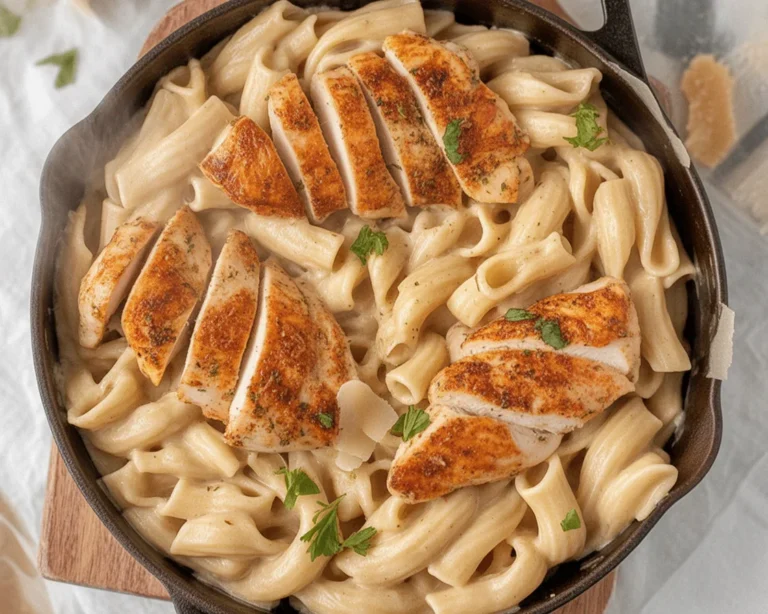 Creamy Garlic Parmesan Chicken Pasta in a bowl topped with fresh parsley and cheese.
