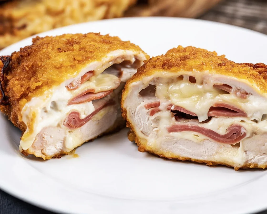 Air Fryer Chicken Cordon Bleu with crispy Panko crust and Swiss cheese