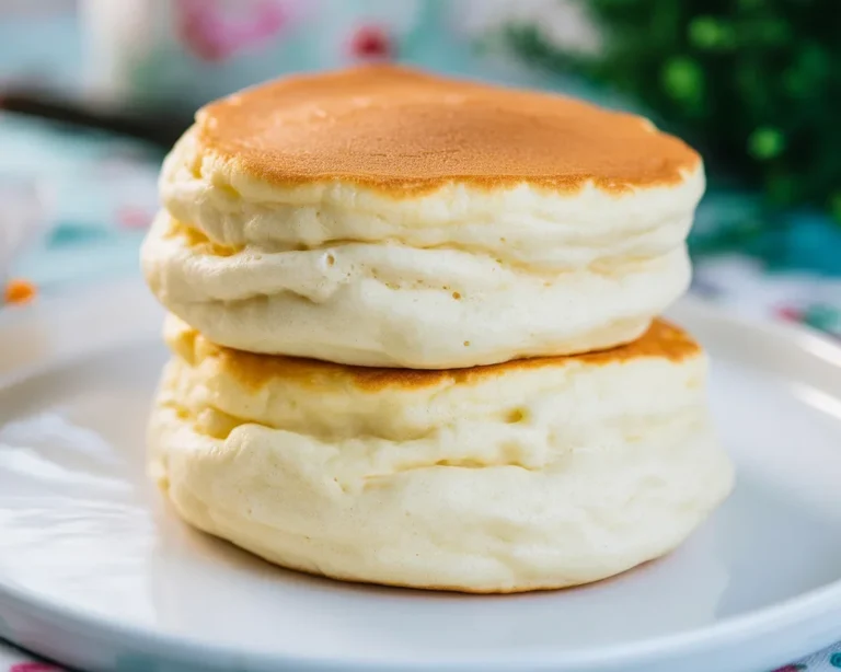 Fluffy Japanese Soufflé Pancakes topped with whipped cream and fresh berries.