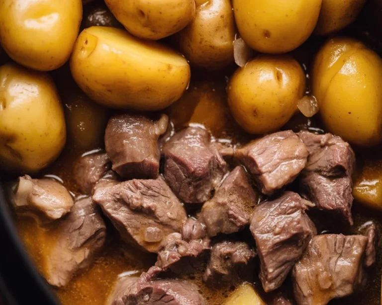 High Protein Slow Cooker Garlic Butter Beef Bites with potatoes cooked in a savory sauce.