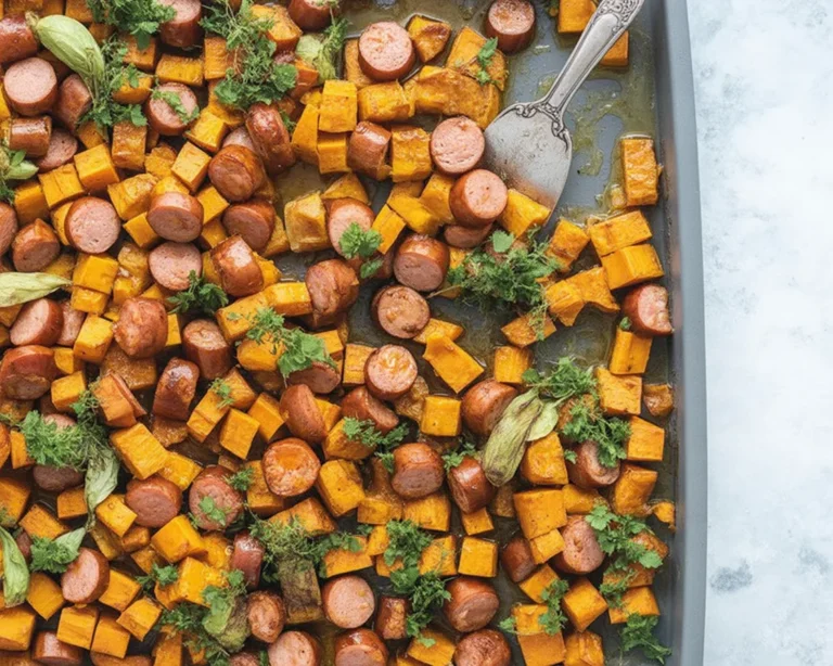 Honey Garlic Sausage Sweet Potatoes roasted on a sheet pan for a quick dinner.