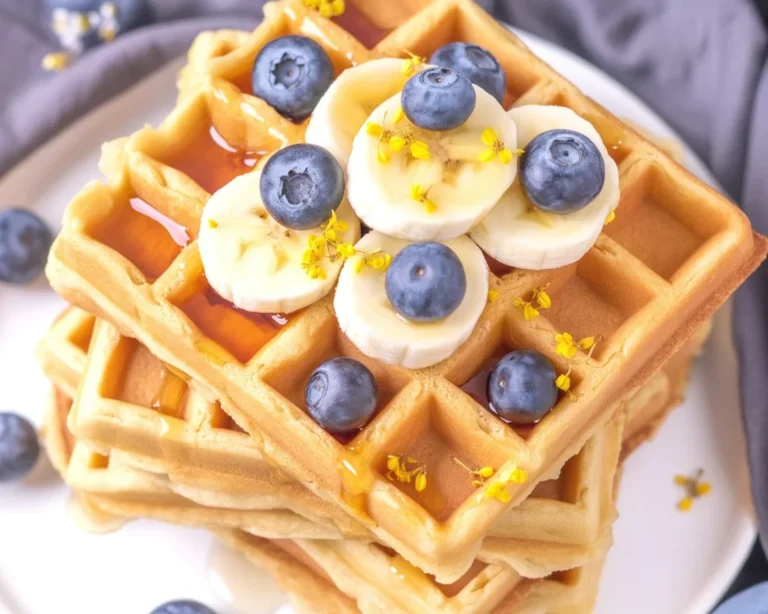 Delicious and healthy oatmeal waffles stacked with fresh berries on top.