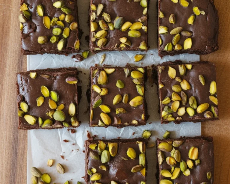 Delicious Pistachio Chocolate Brownies with caramel and toasted pistachios.