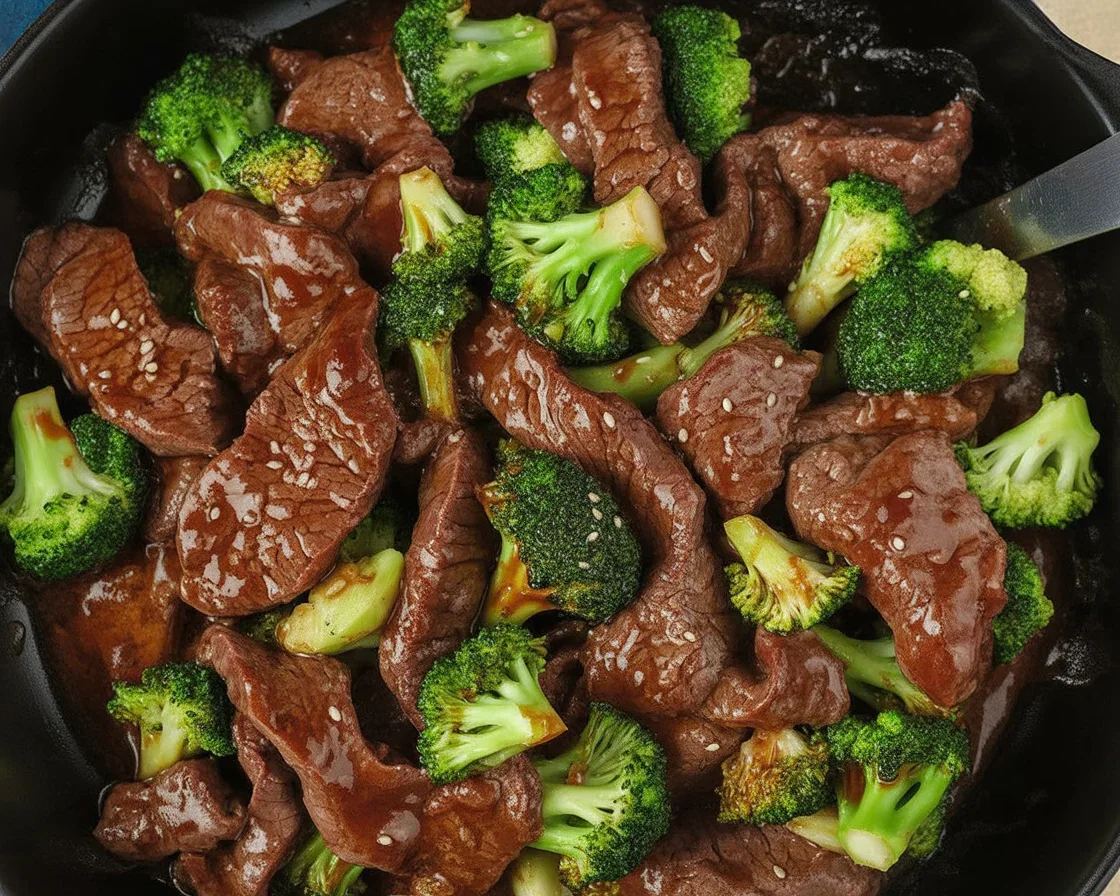 Easy Beef and Broccoli Stir Fry served in a skillet with tender beef and vibrant broccoli.