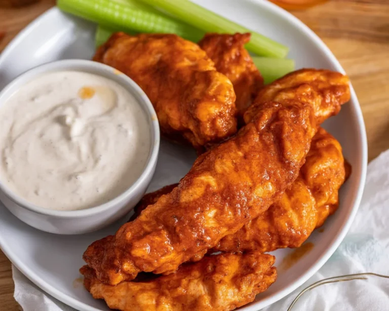 A platter of crispy Air-Fried Buffalo Chicken served with dipping sauce.