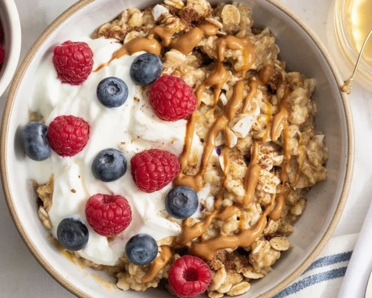 Delicious scrambled oats topped with banana and cinnamon, ready to serve.