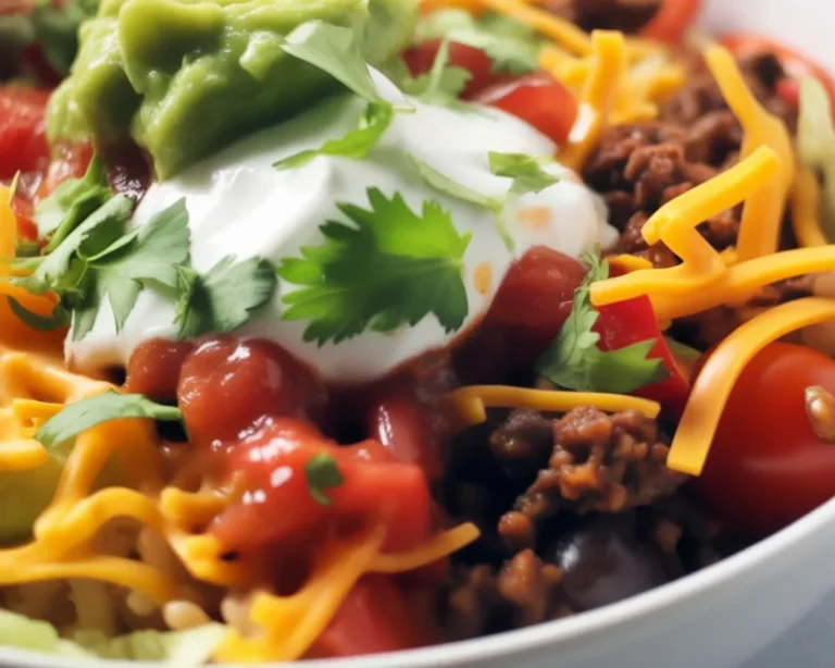 Delicious Taco Rice Bowl with rice, ground beef, and fresh toppings served in a bowl.