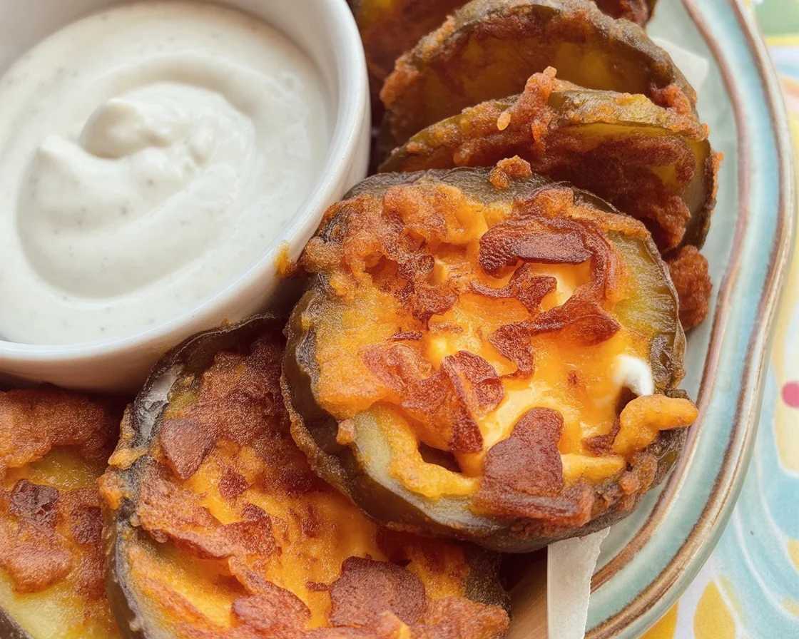 Delicious Spicy Fried Pickles with Mozzarella served as a spicy snack.