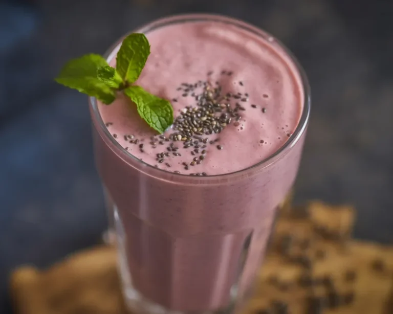 Delicious Strawberry Milkshake Chia pudding with fresh strawberries and chia seeds.