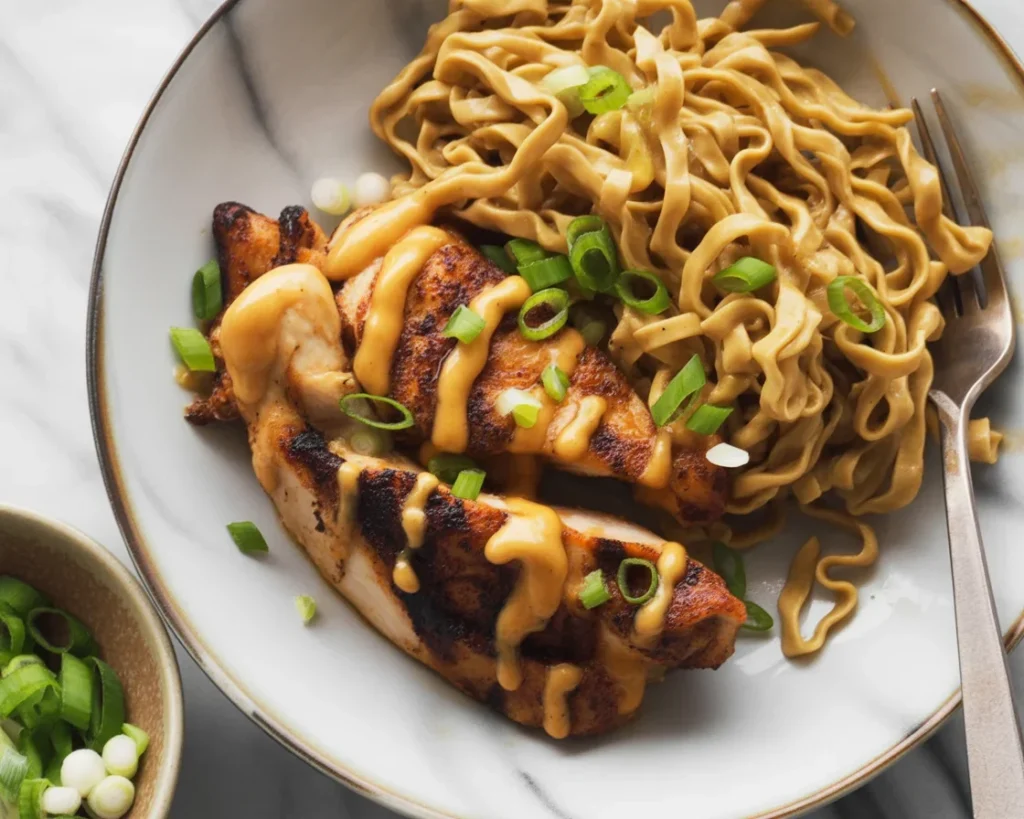 Crispy Healthier Bang Bang Chicken in the Air Fryer with sauce and garnishes.