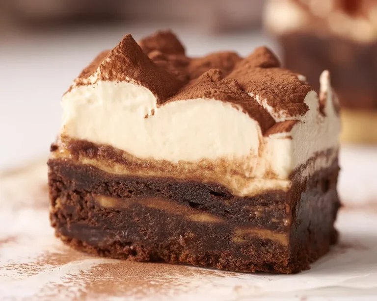 Decadent Tiramisu Brownies with espresso layers and creamy mascarpone topping.