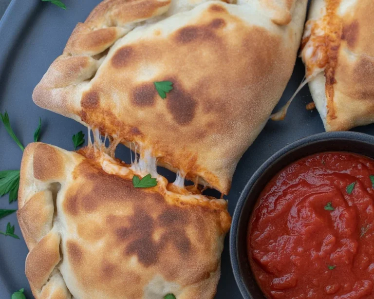 Delicious Air-Fried Chicken Calzone ready to be served with marinara sauce dipping.