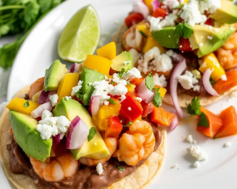 Spicy Shrimp Tostadas topped with Corn-Mango Salsa and creamy avocado on crunchy tortillas