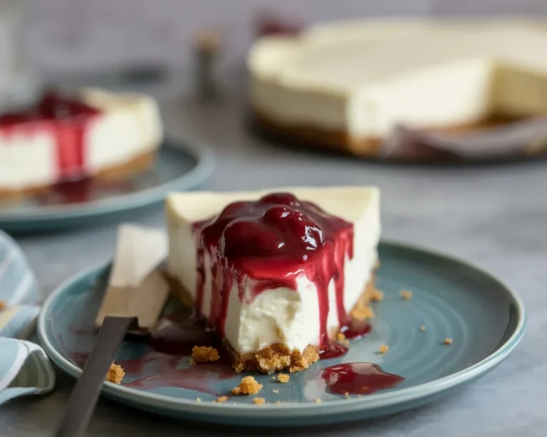 Delicious Baked Greek Yogurt Cheesecake with fresh blueberry compote on top.