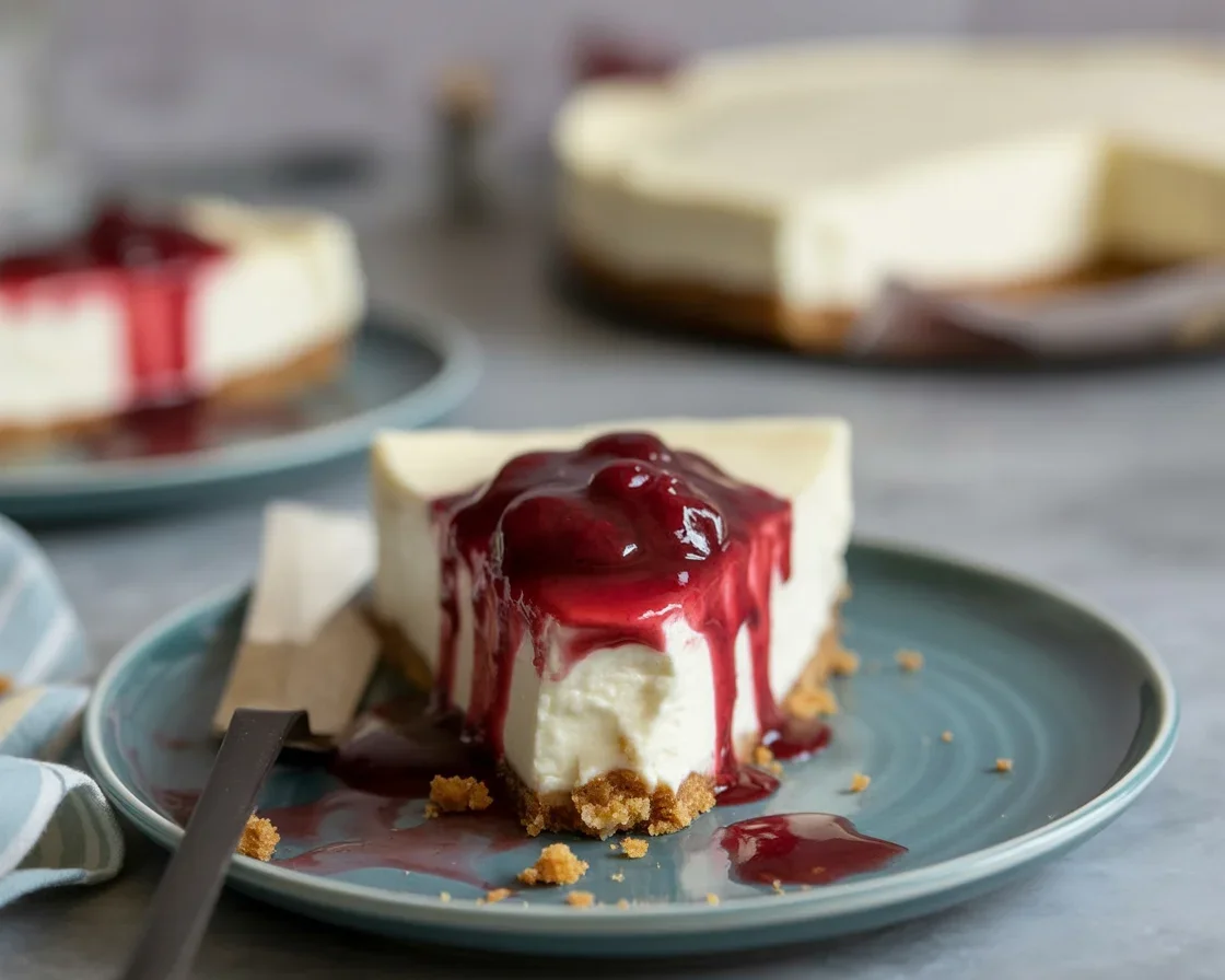 Delicious Baked Greek Yogurt Cheesecake with fresh blueberry compote on top.